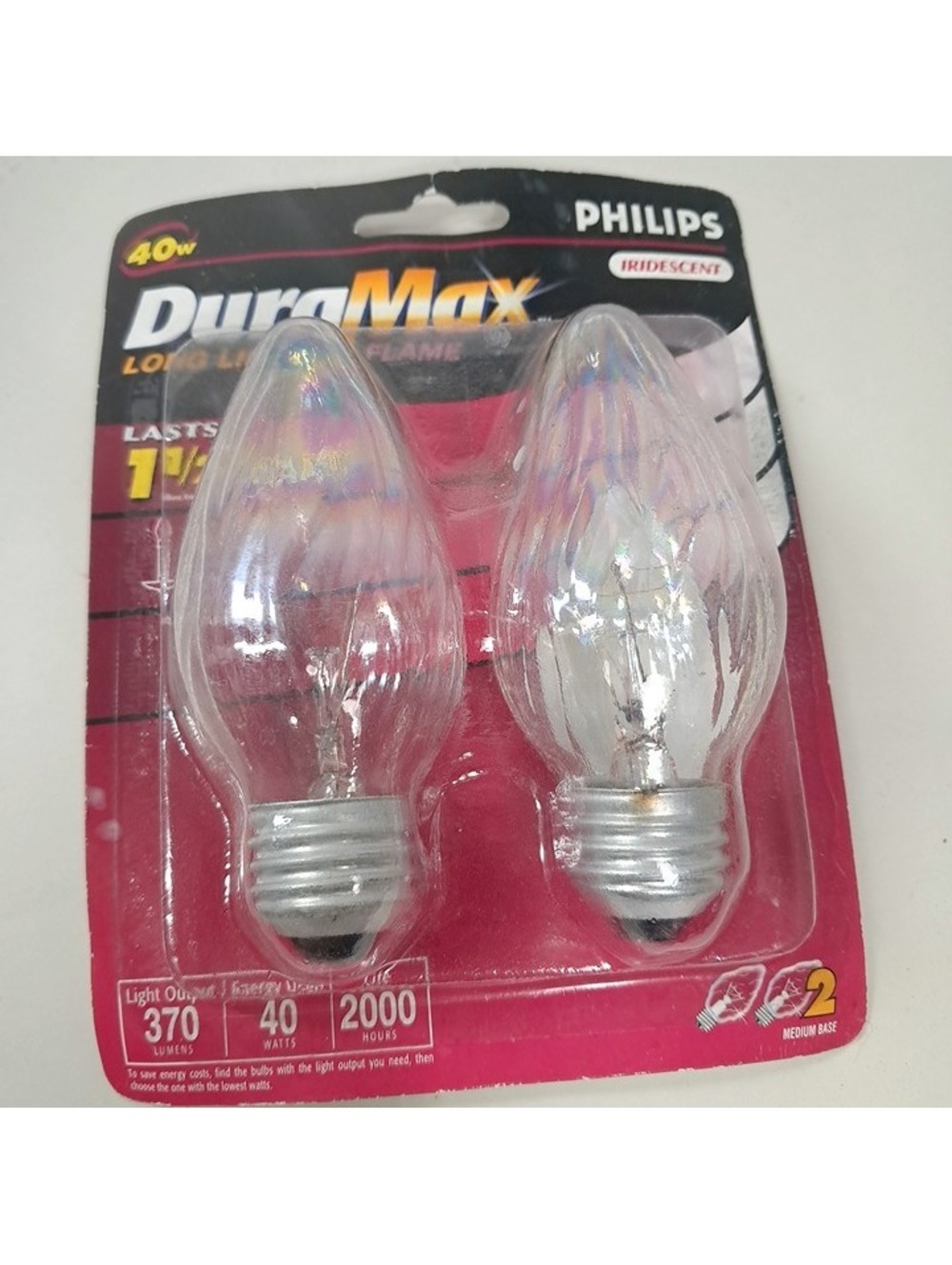 New Philips DuraMax set 2 Light bulbs Flame tip iridescent Medium Base F15 40w